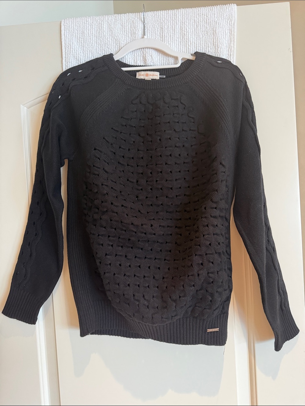 Tory Burch Black Open-Knit Crewneck Sweater